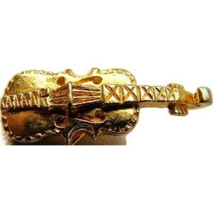 Guitar Violin Pin Brooch Yellow Gold Plated Music Band Hat Scarf Vintage